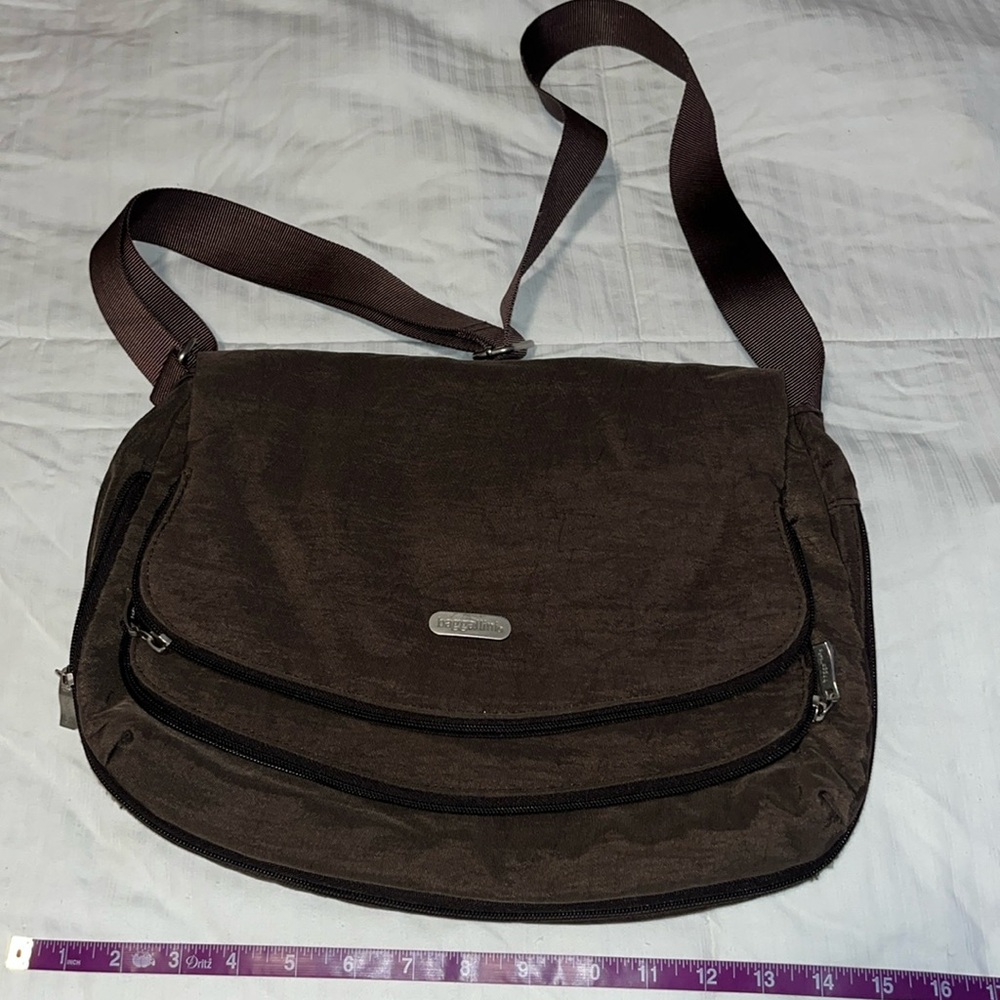 Baggallini 3 Compartment Foldover Crossbody Bag chocolate brown w/ red interior